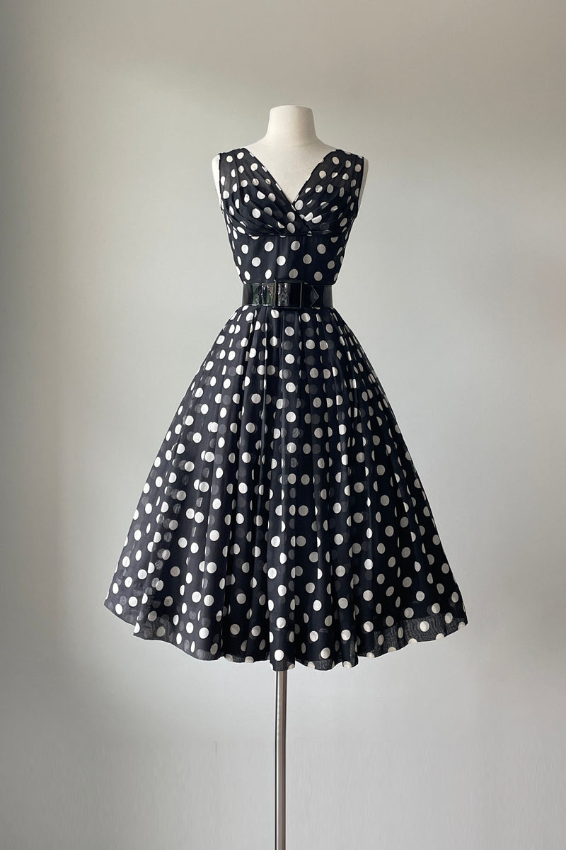 1950s White Black Flocked Dress | XS/S
