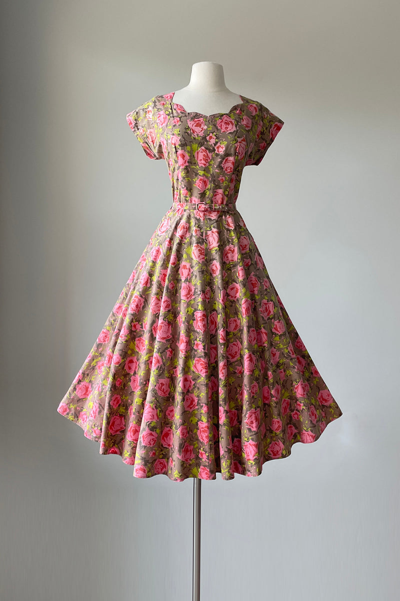 1950s Black Beaded Rose Print Dress by Herbert Sondheim | XS/S