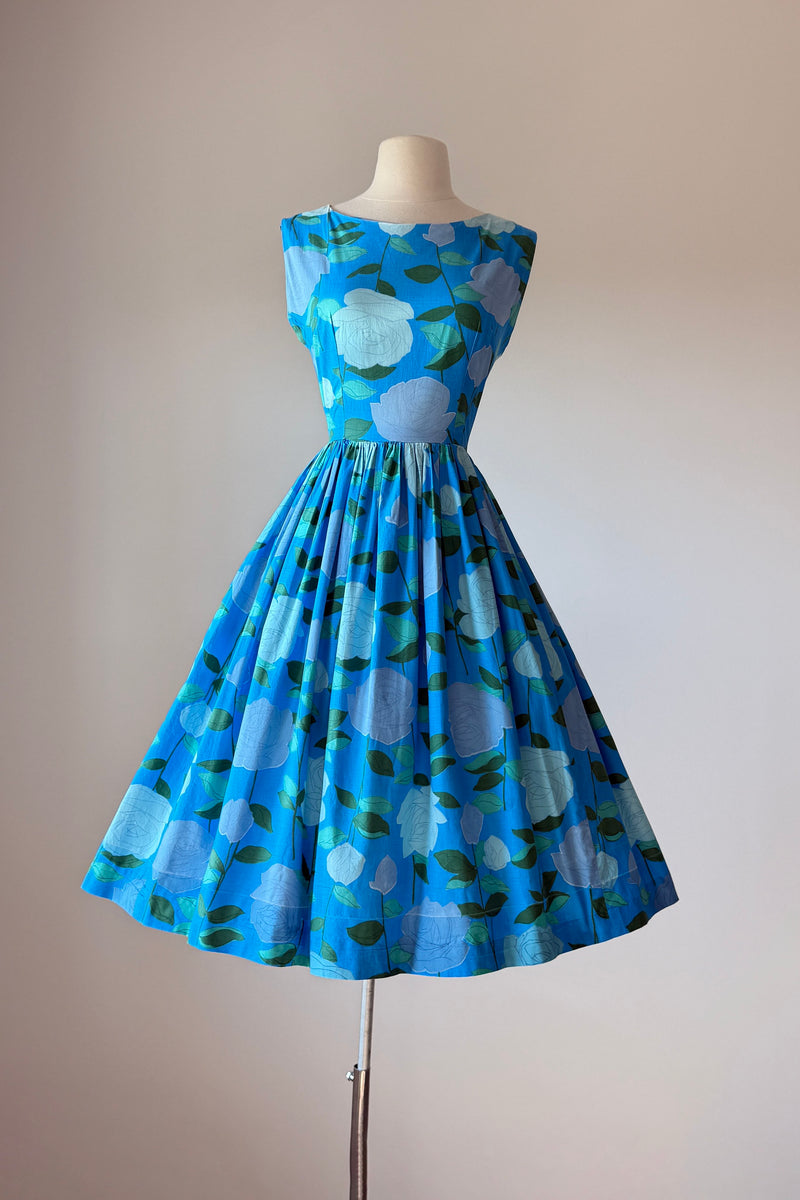 Vintage 1950s Blue Cotton Rose Print Sun Dress
