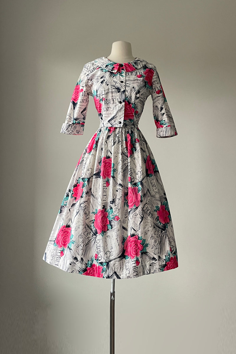 1950s Novelty Print Composer Pink Rose Dress + Bolero Jacket | M/L