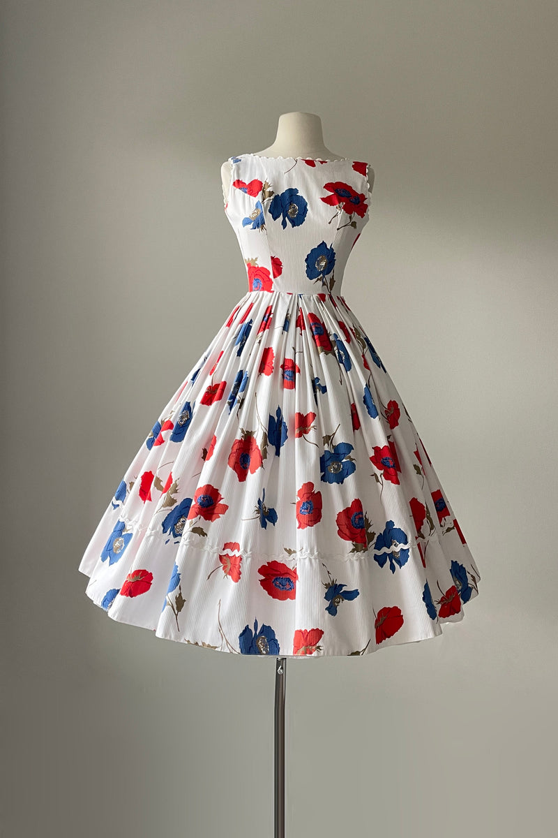 1950s Red Blue Floral Print Dress by Merl Beitling