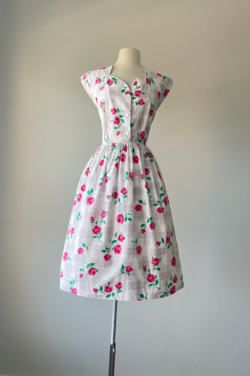 1950s Pink Rose Belted Shirt Dress | M/L