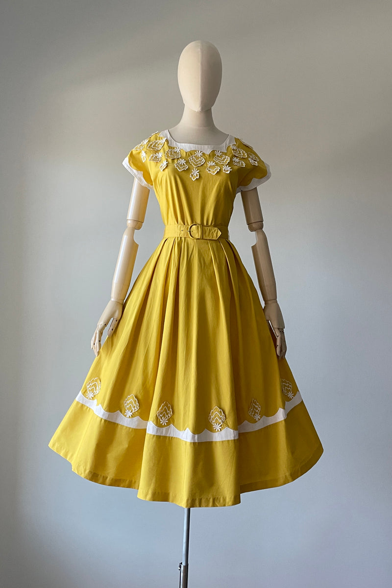 Black V-Neck Vintage 1950s Dress with Appliques