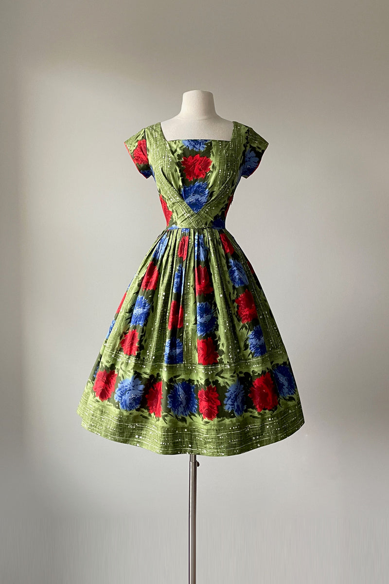 1950s Blue Red Floral Dress