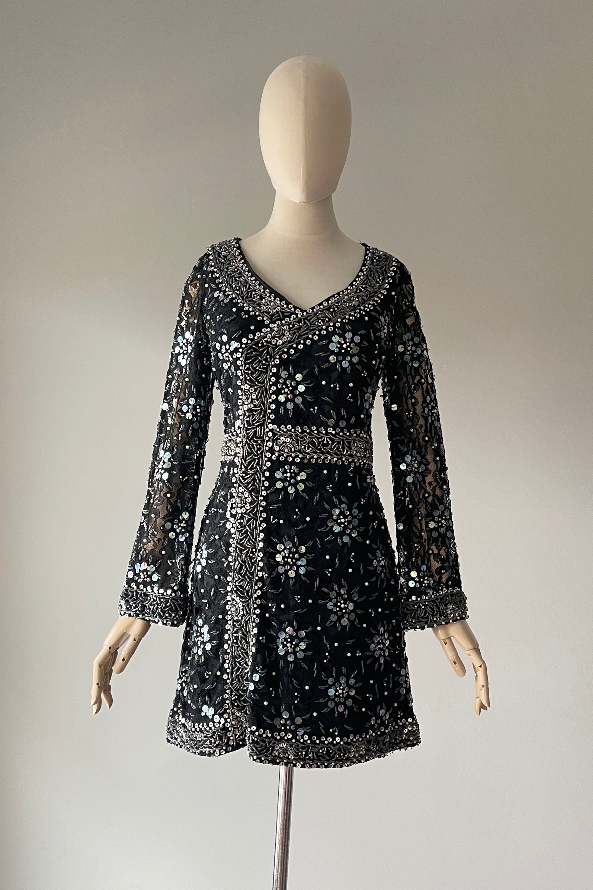 Vintage 1960s Black Lace Beaded Sheer Mini Dress | XS/S Mill Street Vintage Vintage 1960s Black Lace Beaded Sheer Mini Dress | XS/S Mill Street Vintage
