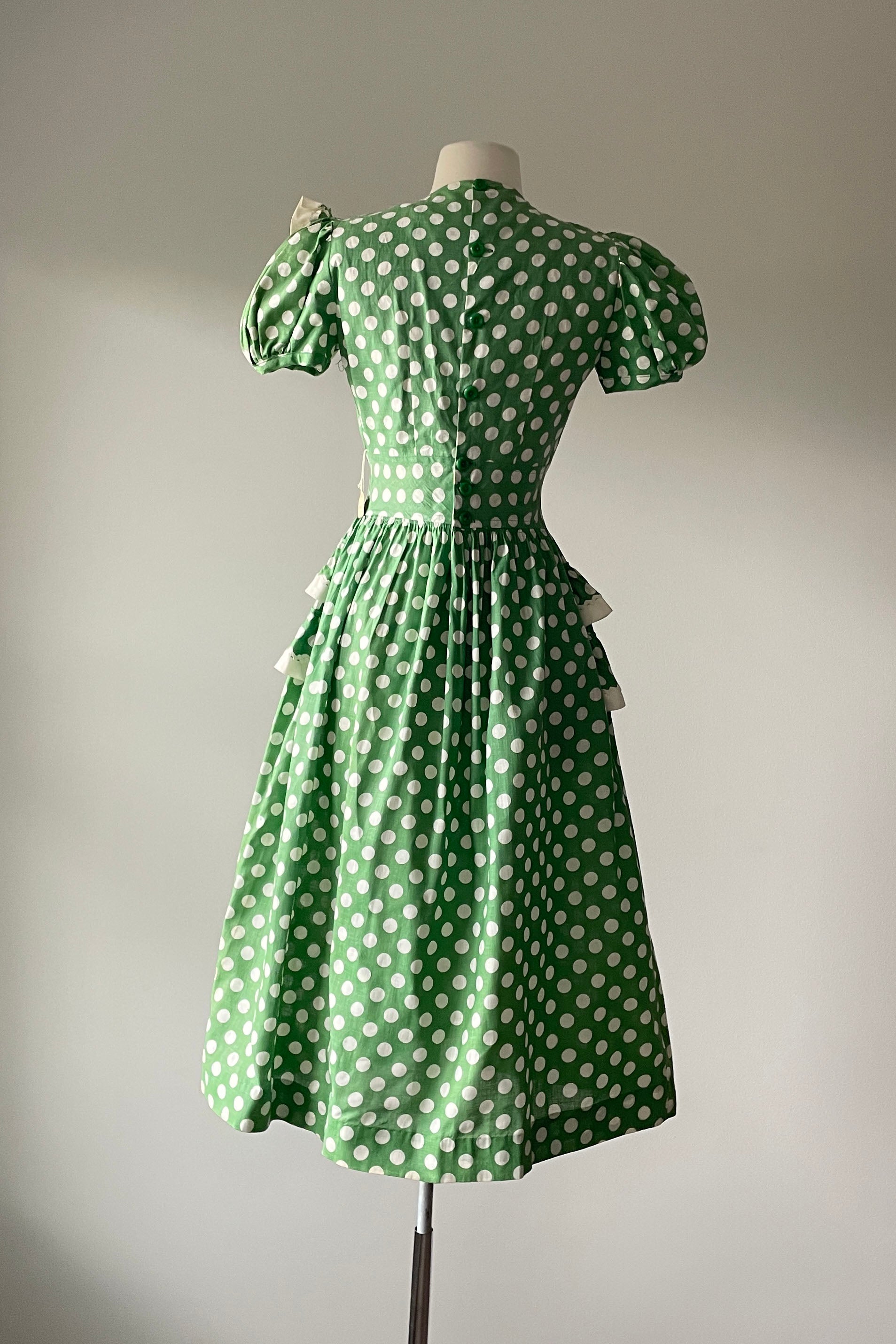 Vintage 1940s Green Polka Dot Puff Sleeves Dress by Vicky Vaughn NWT | Mill Street Vintage Vintage 1940s Green Polka Dot Puff Sleeves Dress by Vicky Vaughn NWT | Mill Street Vintage