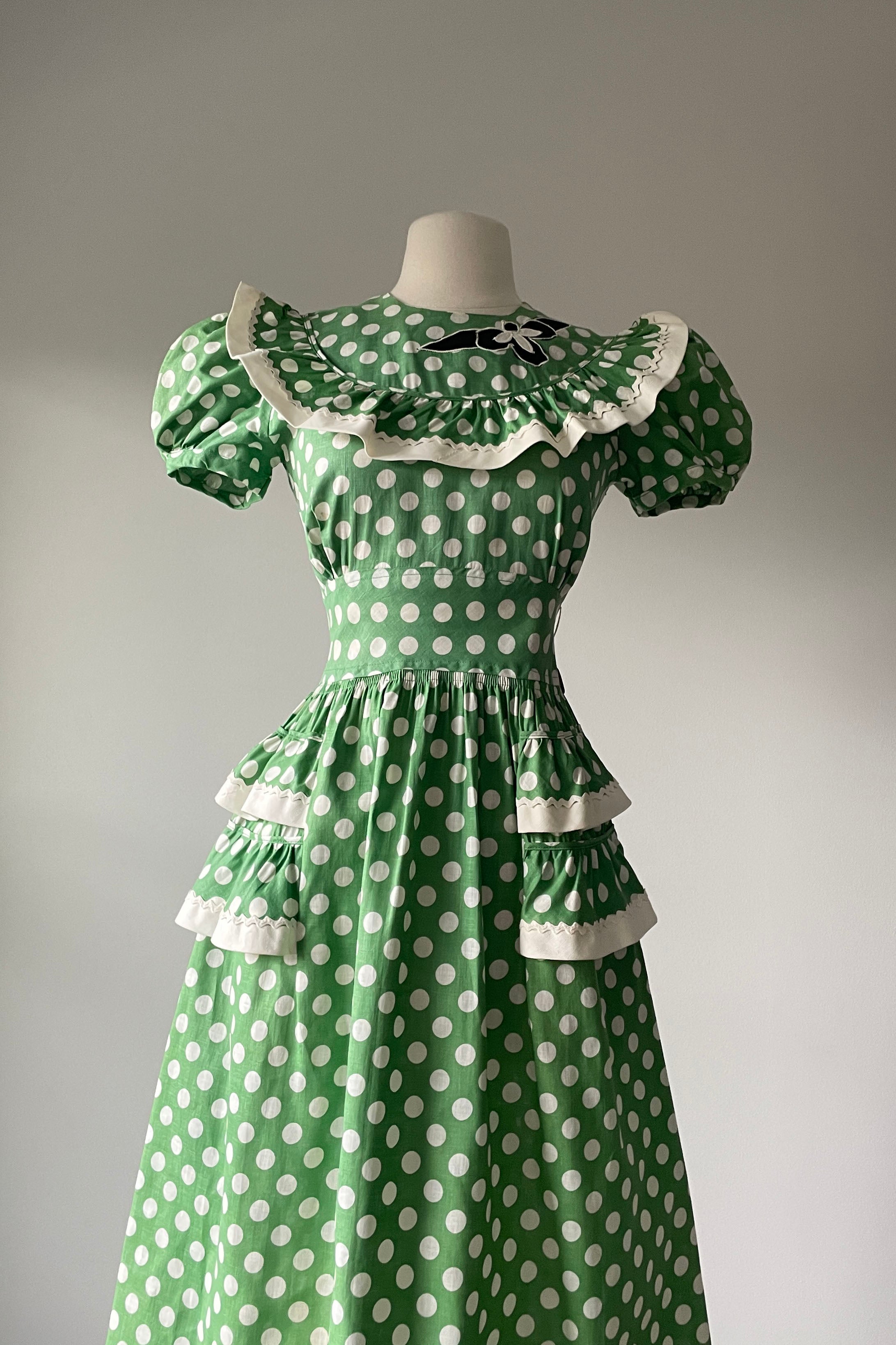 Vintage 1940s Green Polka Dot Puff Sleeves Dress by Vicky Vaughn NWT | Mill Street Vintage Vintage 1940s Green Polka Dot Puff Sleeves Dress by Vicky Vaughn NWT | Mill Street Vintage