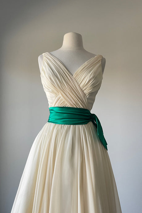1950s Crepe Chiffon Ivory Ruched Dress by Lee Claire | XS