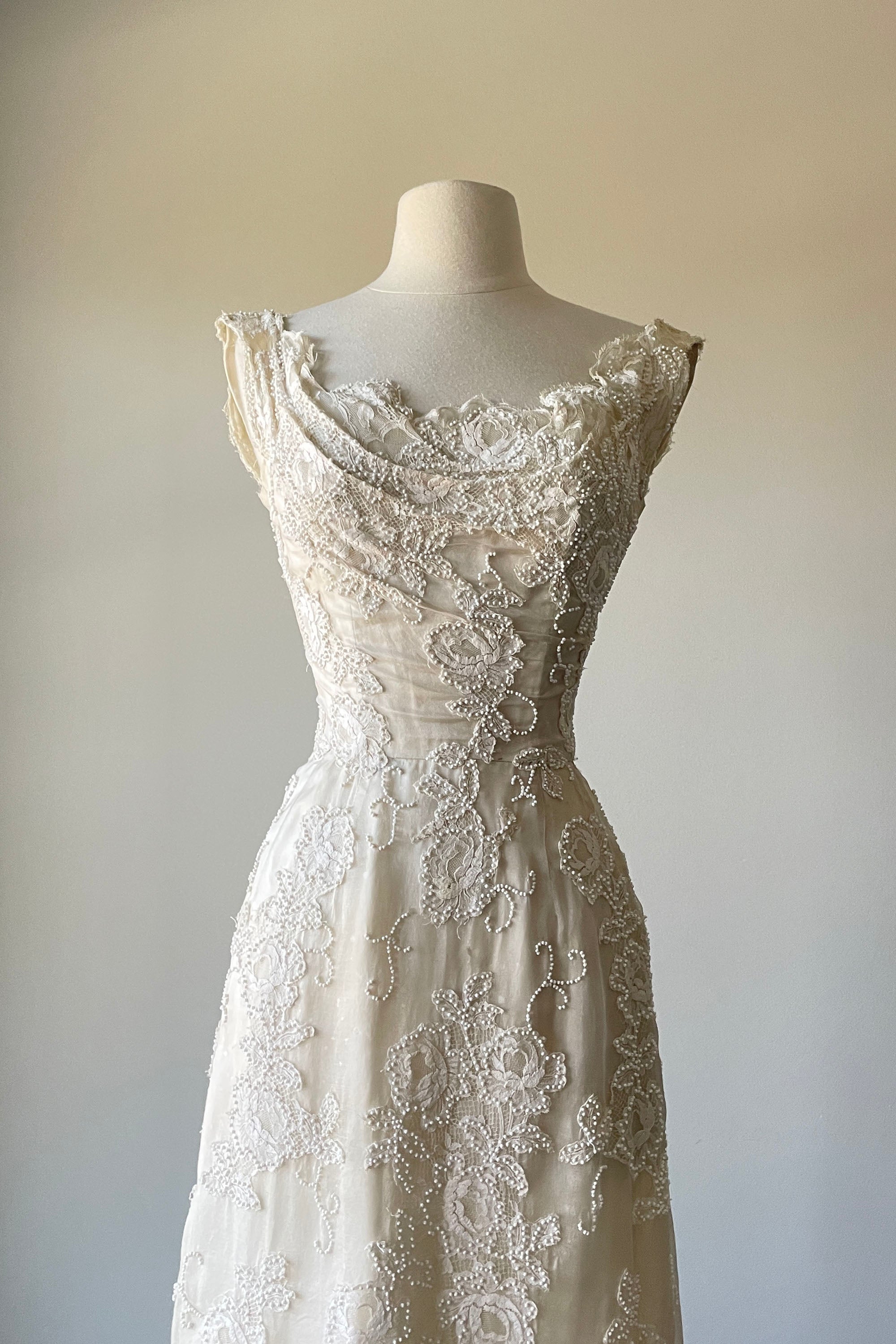 1950s Snowy White Silk Beaded Dress by Ceil Chapman XS – Mill