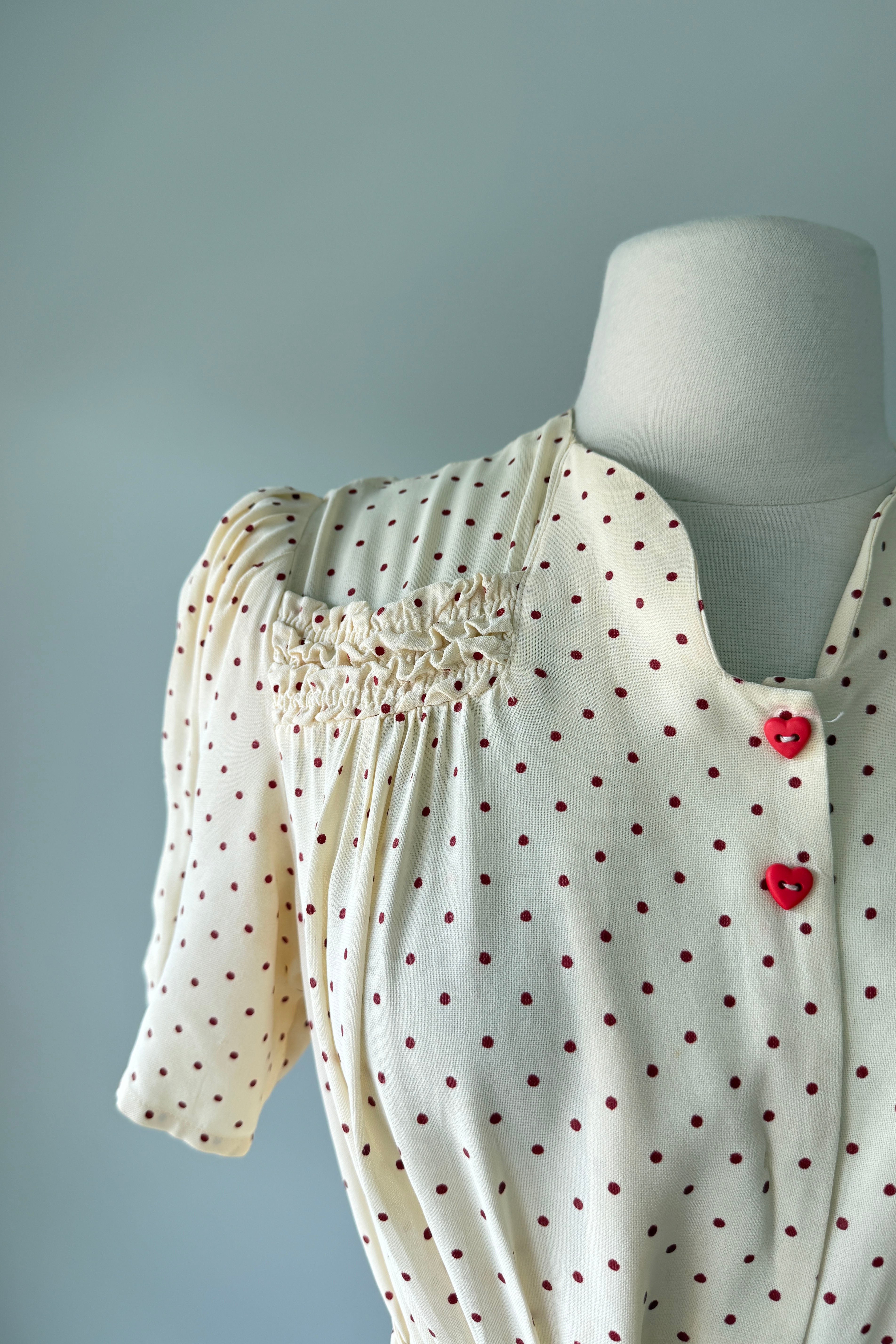 1940s red polka dot dress Vintage Inspired High Neck Line Three Quarter Sleeve Red Polka Dot Below the Knee Length Dress | 1930s & 1940s Style
