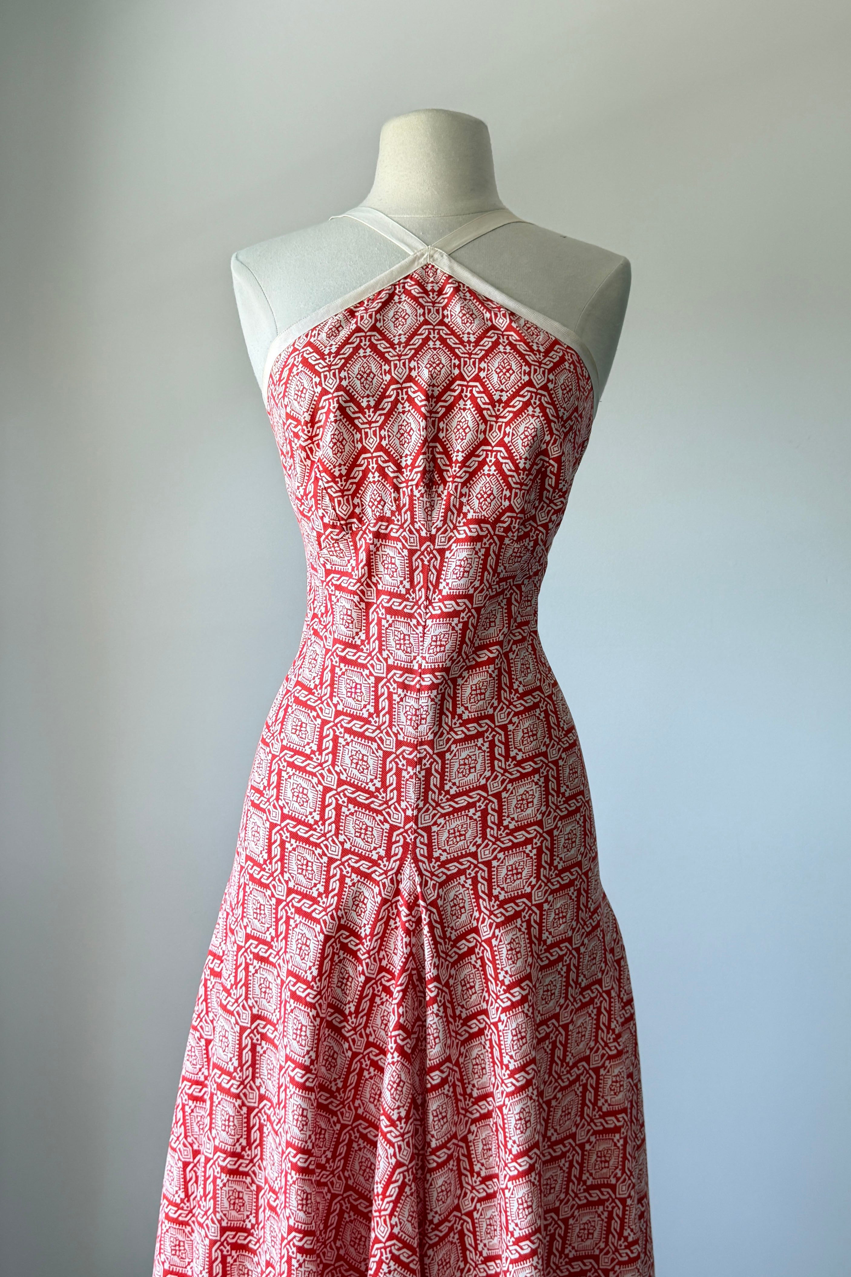 Vintage 1930s Red Medallion Print Halter Dress