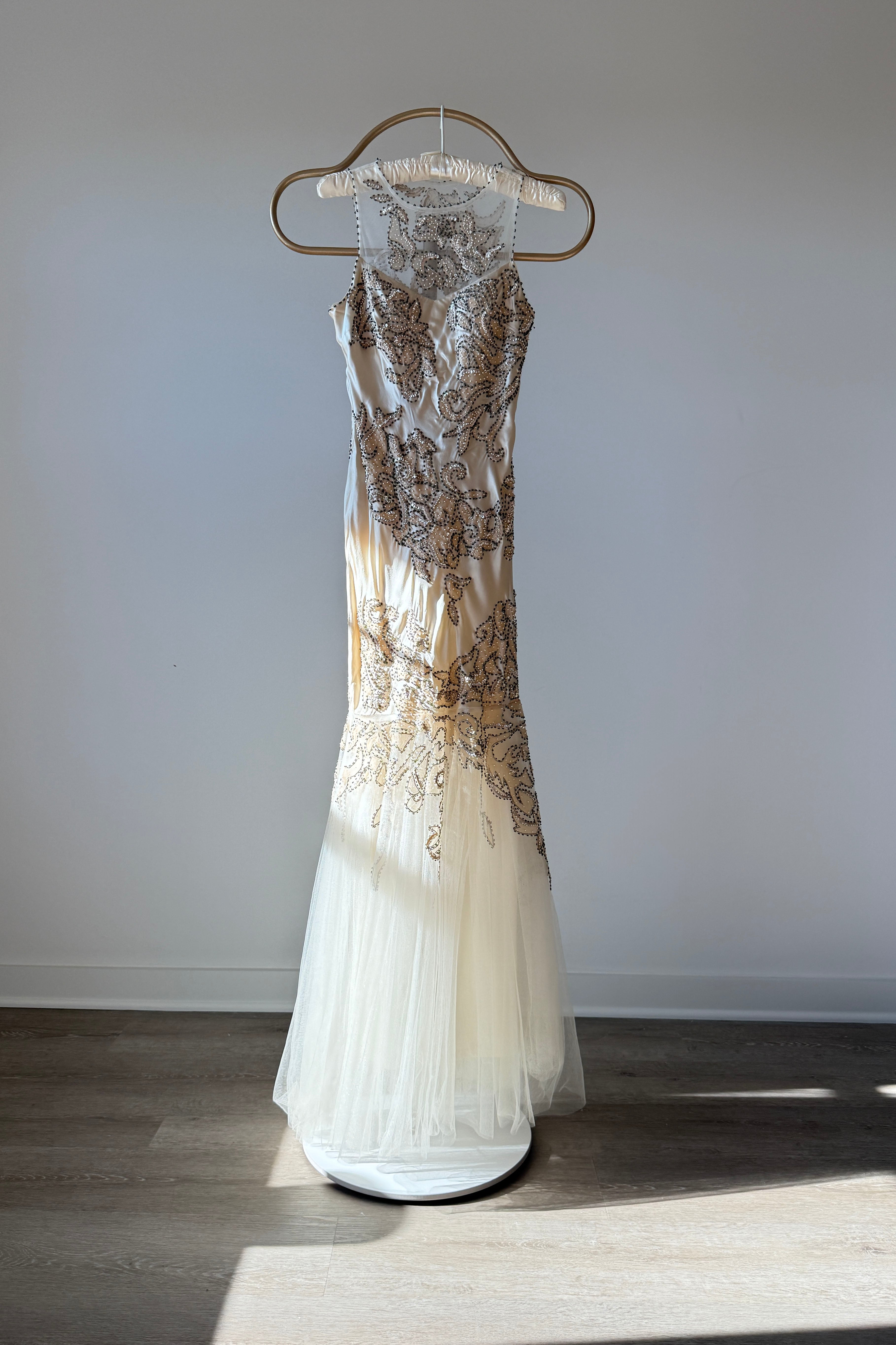 1990s Silk Beaded Illusion NWT Wedding Dress by Cache | XS/S Mill Street Vintage 1990s Silk Beaded Illusion NWT Wedding Dress by Cache | XS/S Mill Street Vintage