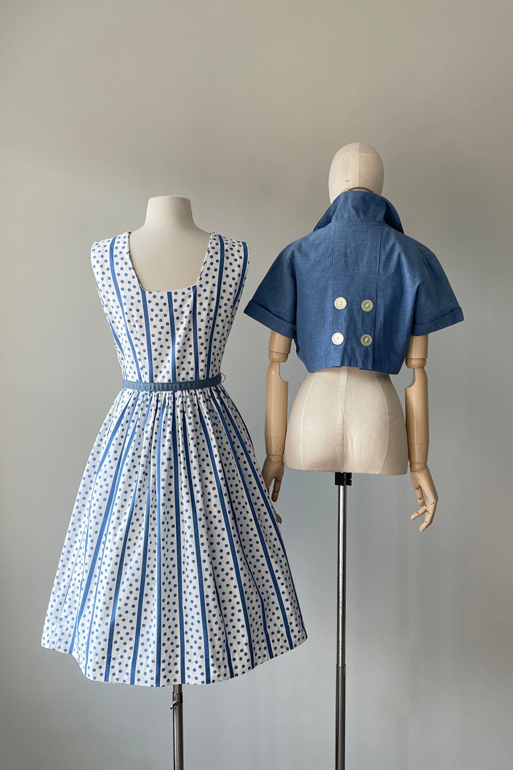 1950s Blue Chambray Polka Dots Dress with Bolero | SMALL Mill Street Vintage 1950s Blue Chambray Polka Dots Dress with Bolero | SMALL Mill Street Vintage