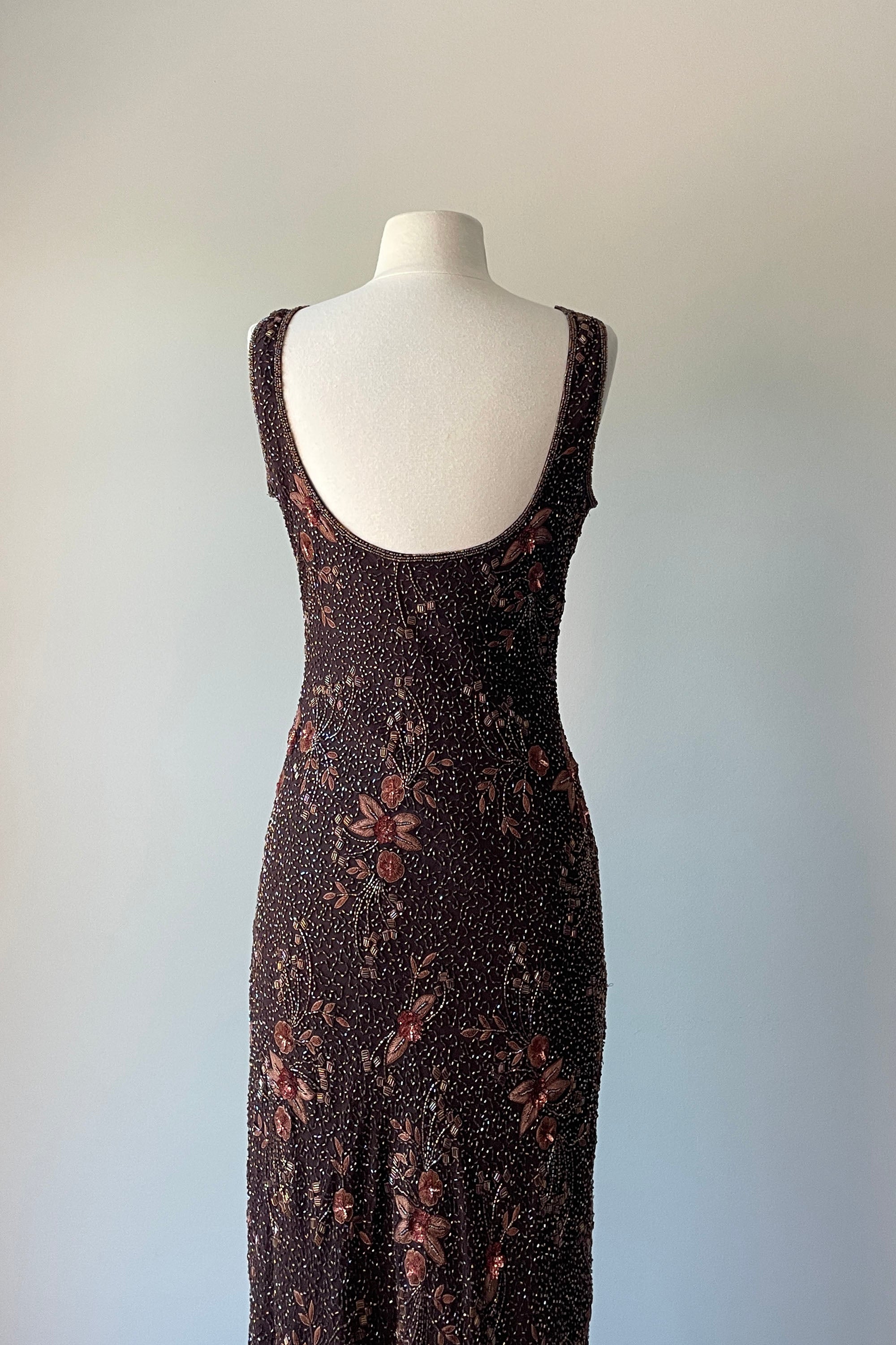 1990s Chocolate Heavily Beaded Silk Gown by Stenay | S/M Mill Street Vintage 1990s Chocolate Heavily Beaded Silk Gown by Stenay | S/M Mill Street Vintage