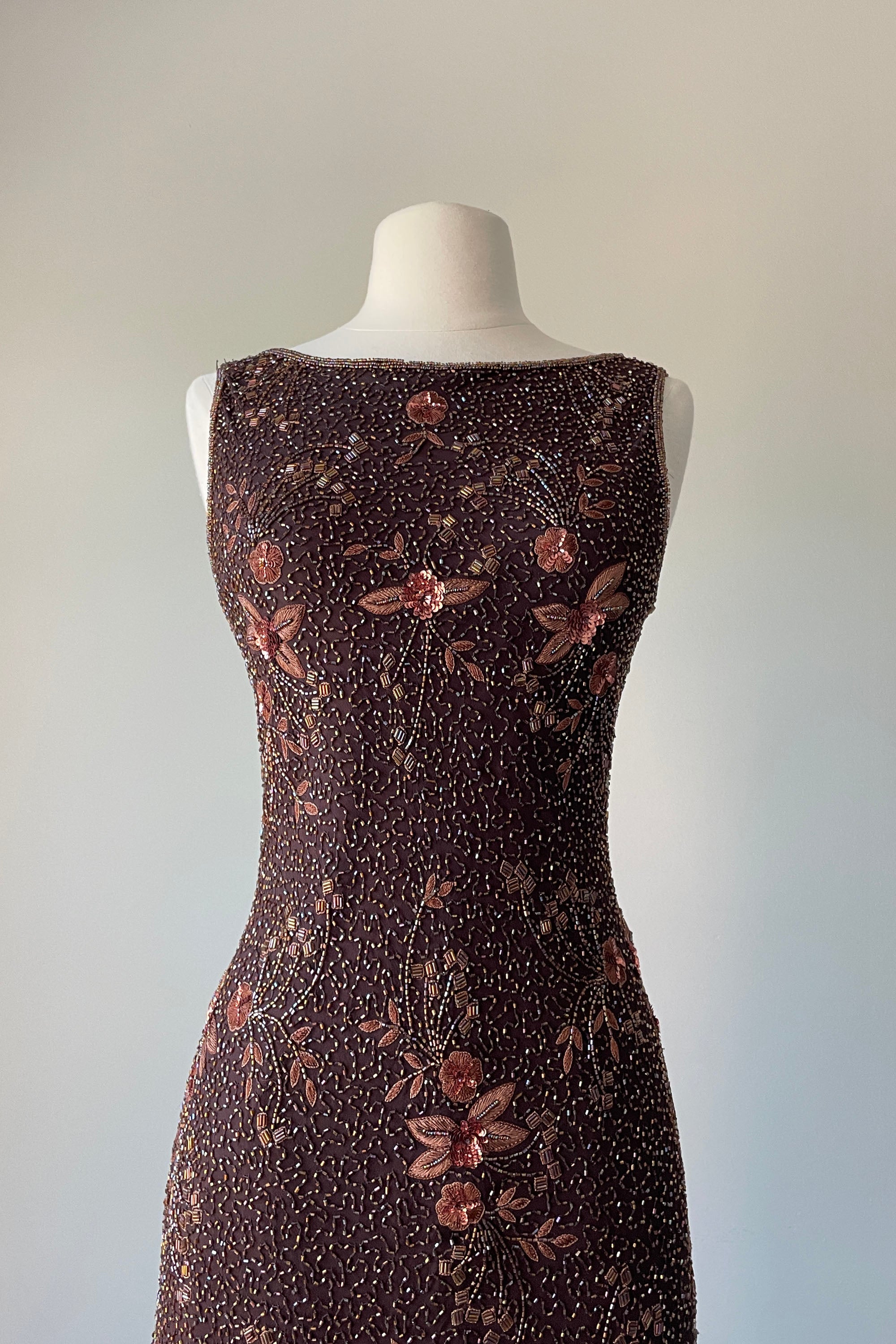 stenay beaded dress 1990s Chocolate Heavily Beaded Silk Gown by Stenay