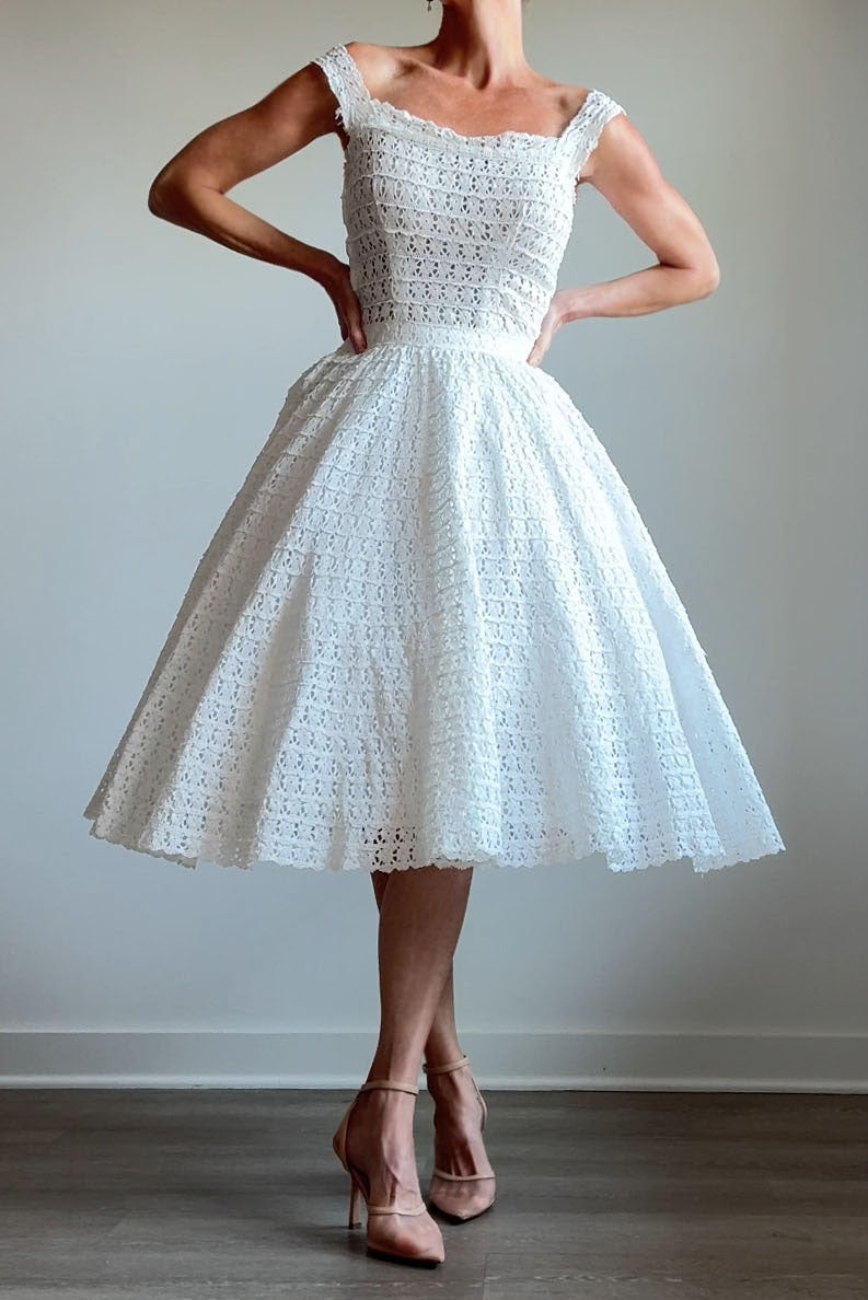 Vintage 1950s White Crochet Knit Sheer Dress