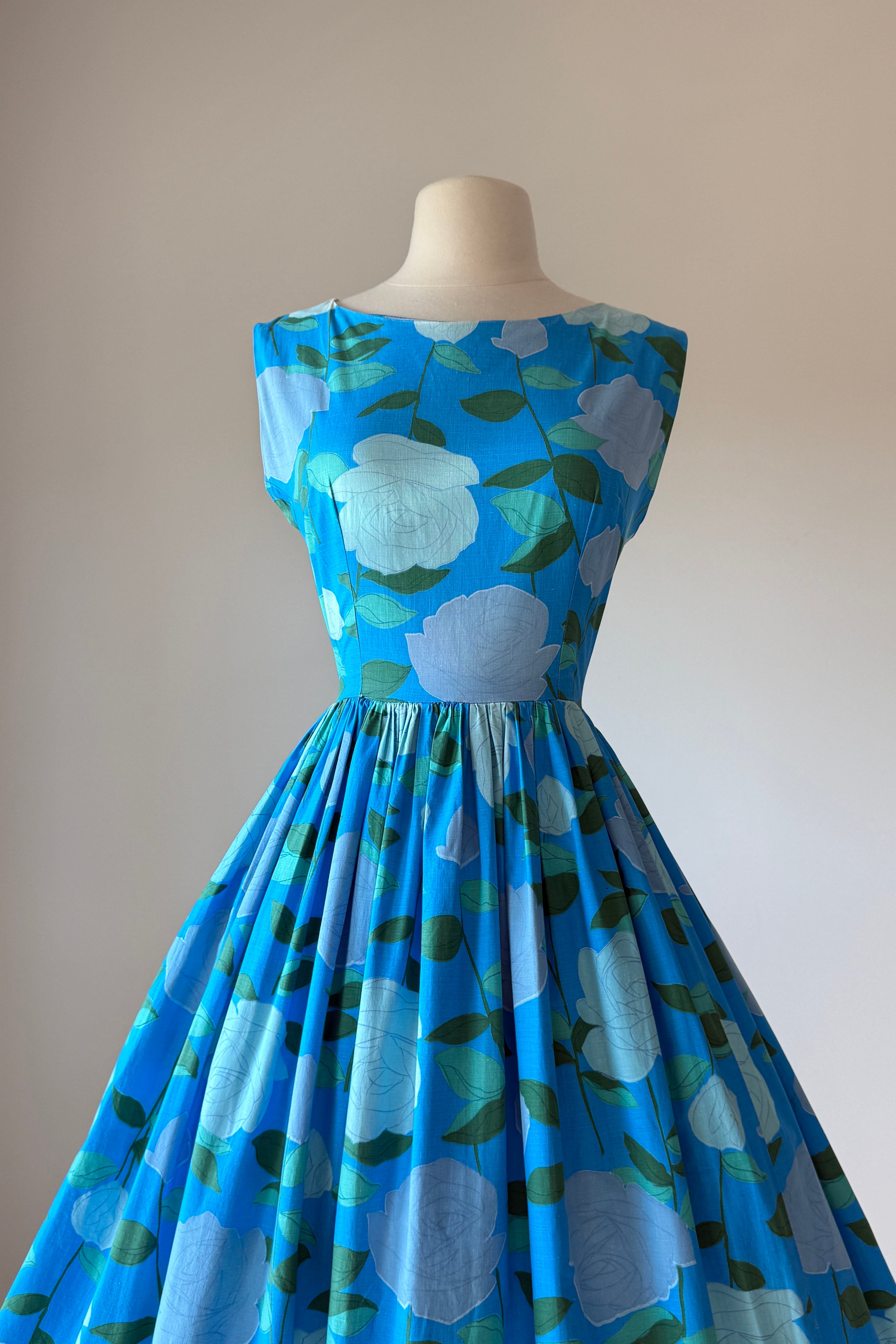 Vintage 1950s Blue Cotton Rose Print Sun Dress