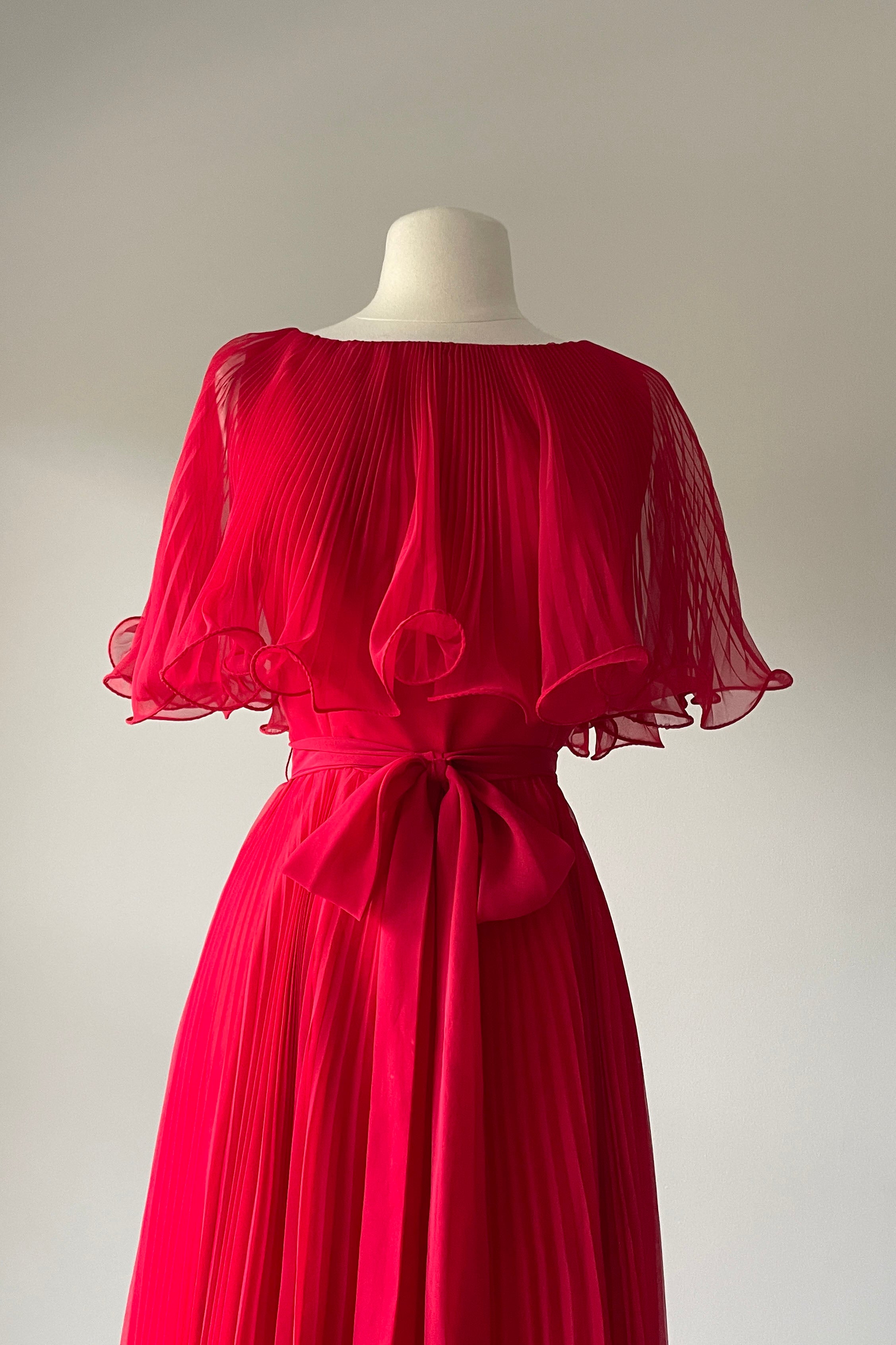 vintage pleated chiffon dress 1960s MOD Pleated Marigold Chiffon Maxi Dress and Cape by Miss Bergdor