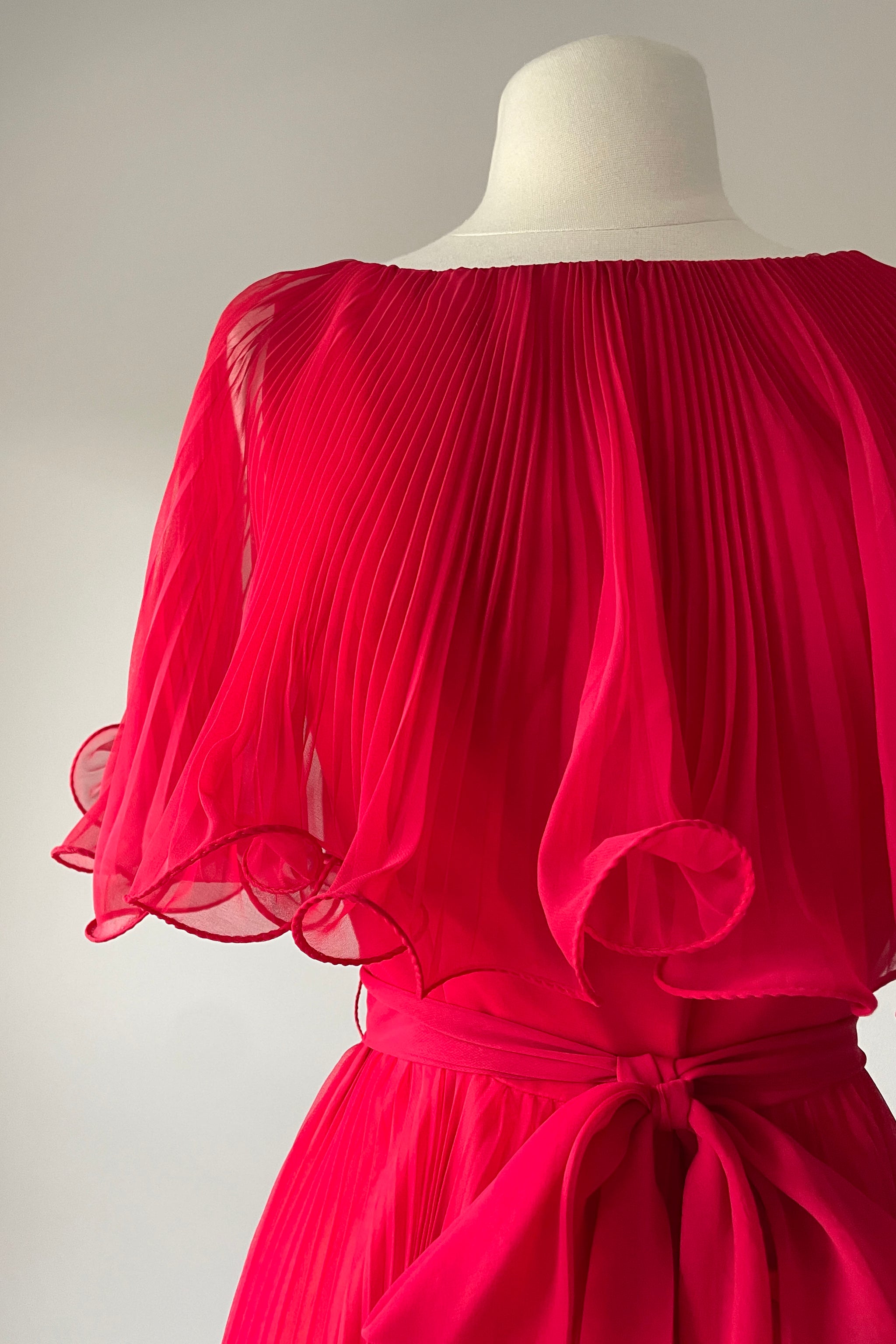 1960s Red Pleated Chiffon Dress by Miss Elliette