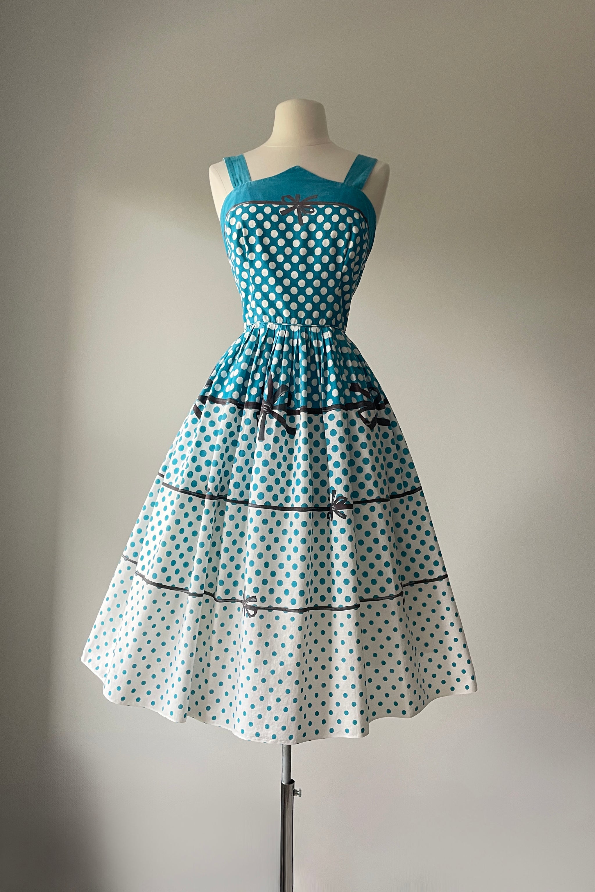 1950s Teal Blue White Polka Dot Bows Sun Dress | SMALL Mill Street Vintage 1950s Teal Blue White Polka Dot Bows Sun Dress | SMALL Mill Street Vintage