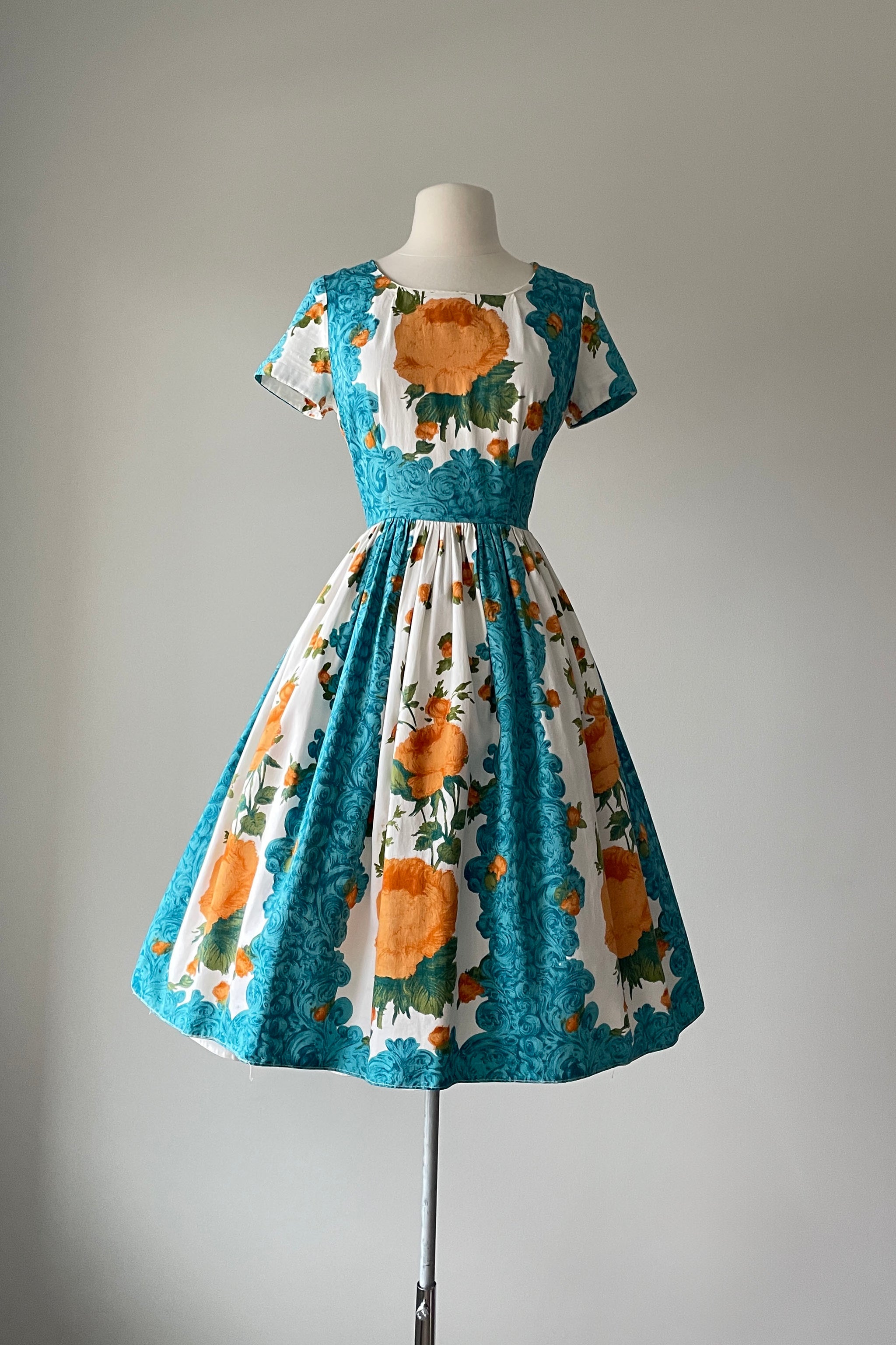 Vintage 1950s Orange Rose Print Dress by N Model