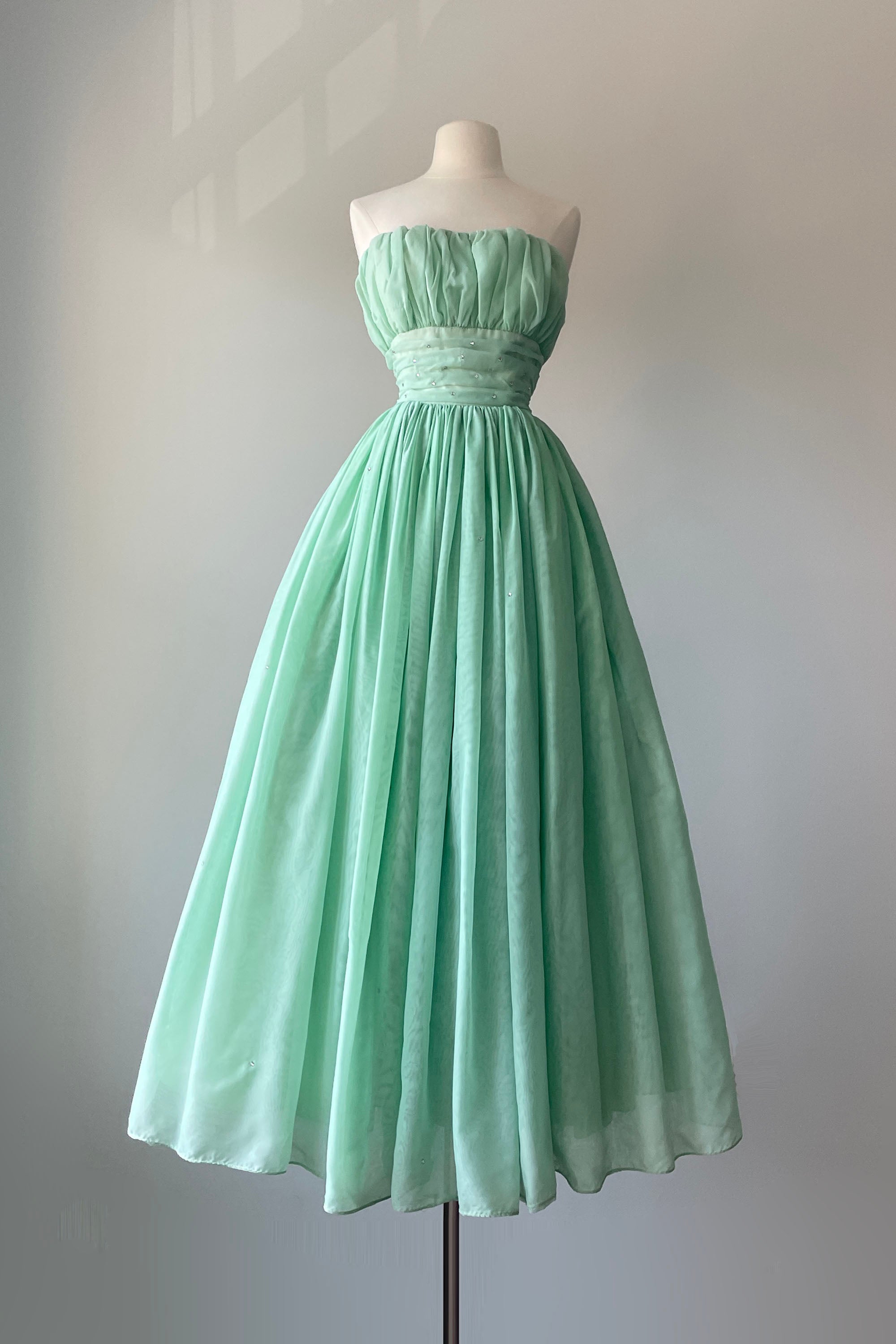 1950s Mint Green Rhinestone Strapless Dress | XS Mill Street Vintage 1950s Mint Green Rhinestone Strapless Dress | XS Mill Street Vintage
