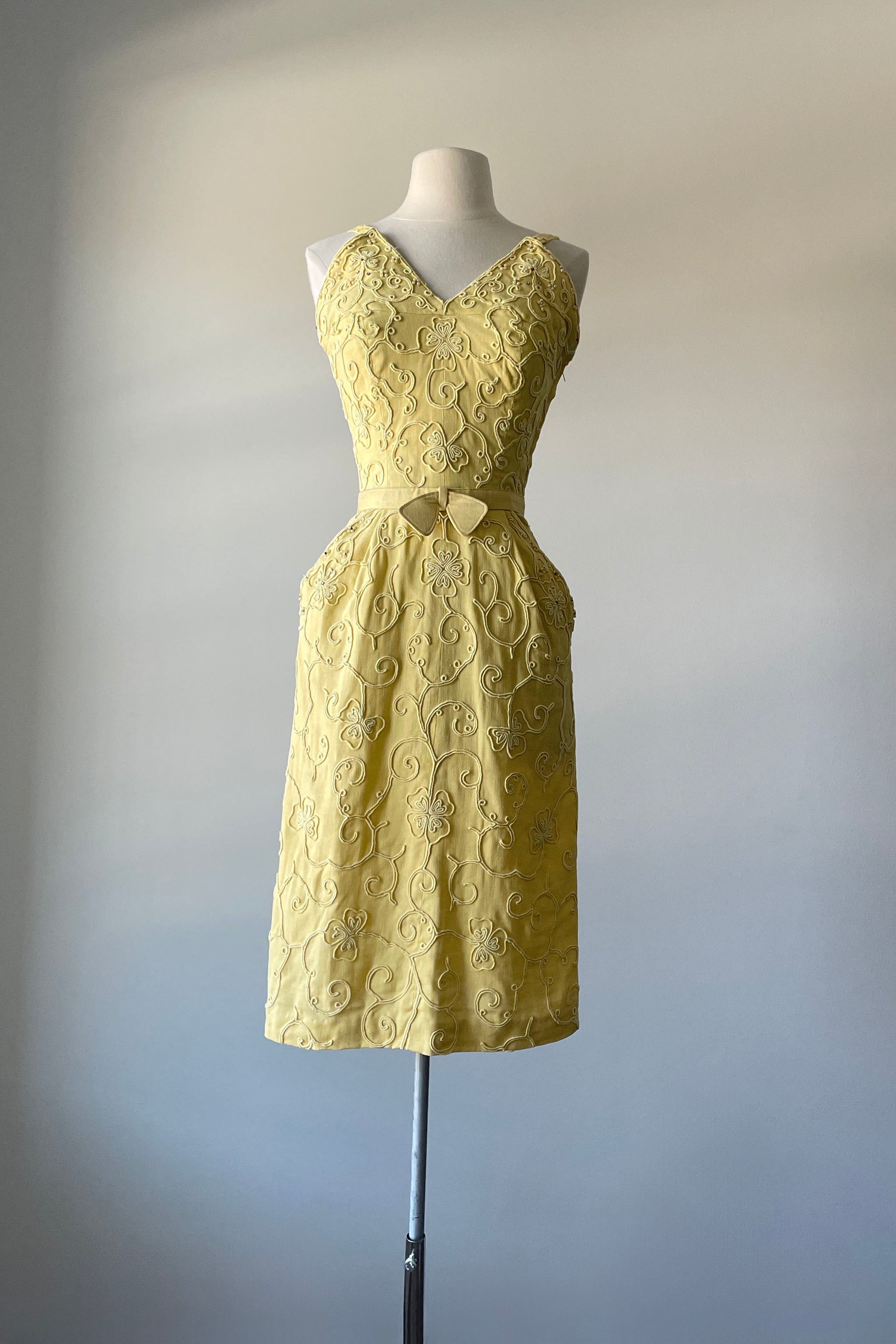 pastel yellow vintage dress Vintage 1950's Pastel Yellow Dress Pinup Bombshell Lace Petticoat Crinoline