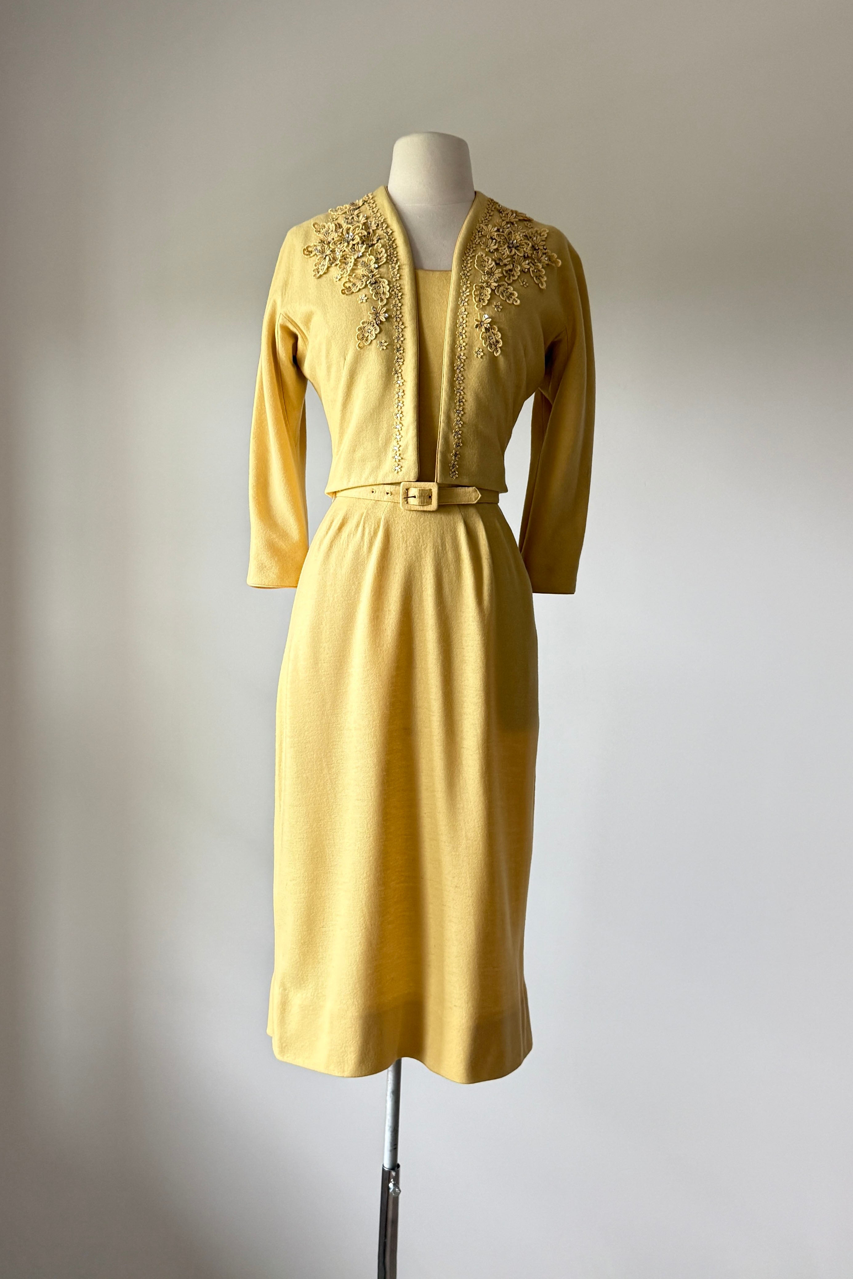 Vintage 1950s Marigold Wool Cocktail Dress + Jacket by Carlye | XS Mill Street Vintage Vintage 1950s Marigold Wool Cocktail Dress + Jacket by Carlye | XS Mill Street Vintage