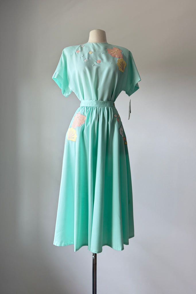 white dress with colorful flowers Rose Garden Floral Applique A-Line Midi Dress White