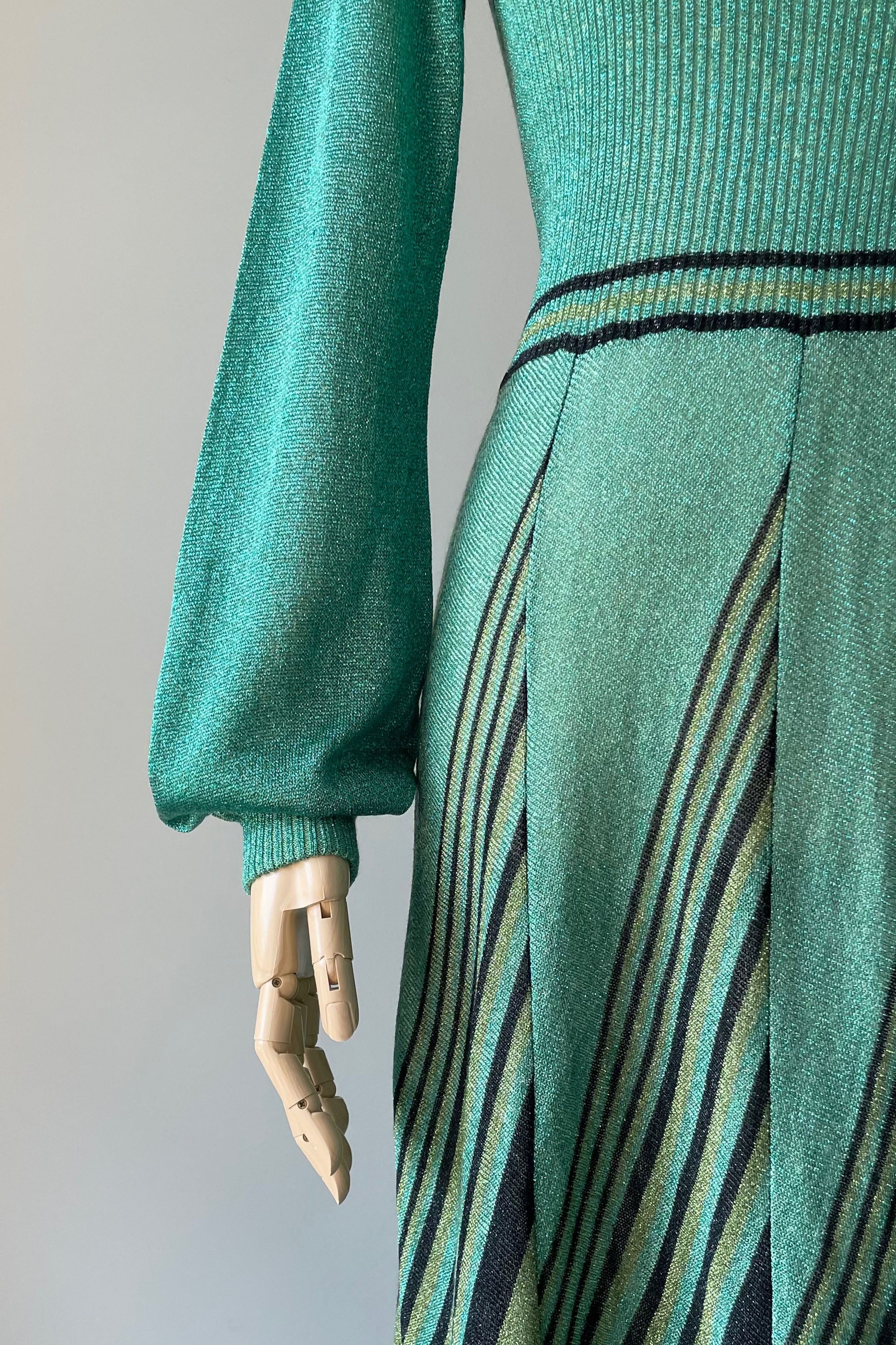 1970s Green Metallic Sweater Maxi Dress by Wenjilli | XS/S Mill Street Vintage 1970s Green Metallic Sweater Maxi Dress by Wenjilli | XS/S Mill Street Vintage
