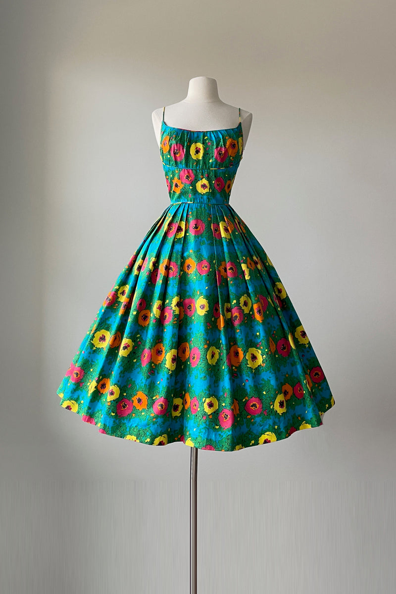1950s Deep Teal Floral Sun Dress | XS/S