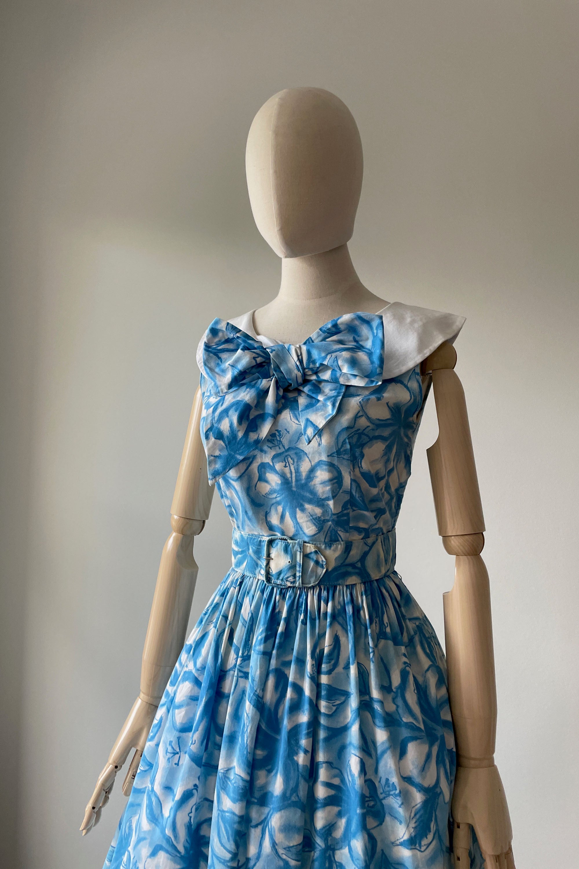 1950s Blue Floral Print Belted Dress by Dream Age | XS/S Mill Street Vintage 1950s Blue Floral Print Belted Dress by Dream Age | XS/S Mill Street Vintage