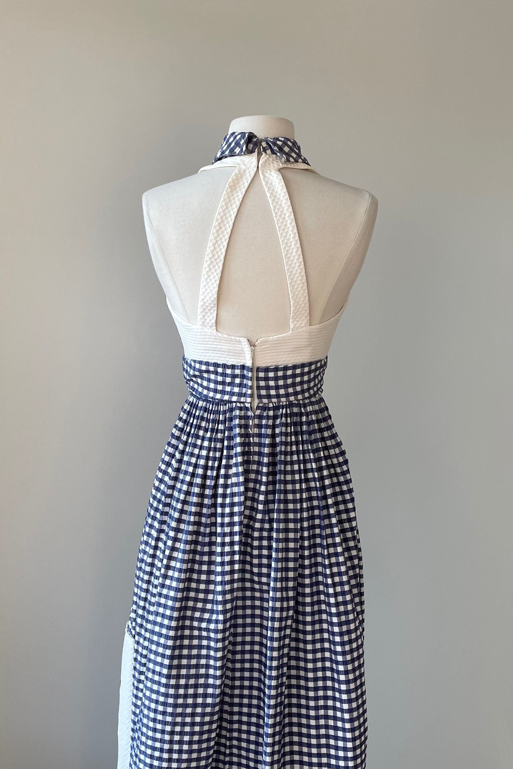 1960s Blue White Gingham Maxi Dress
