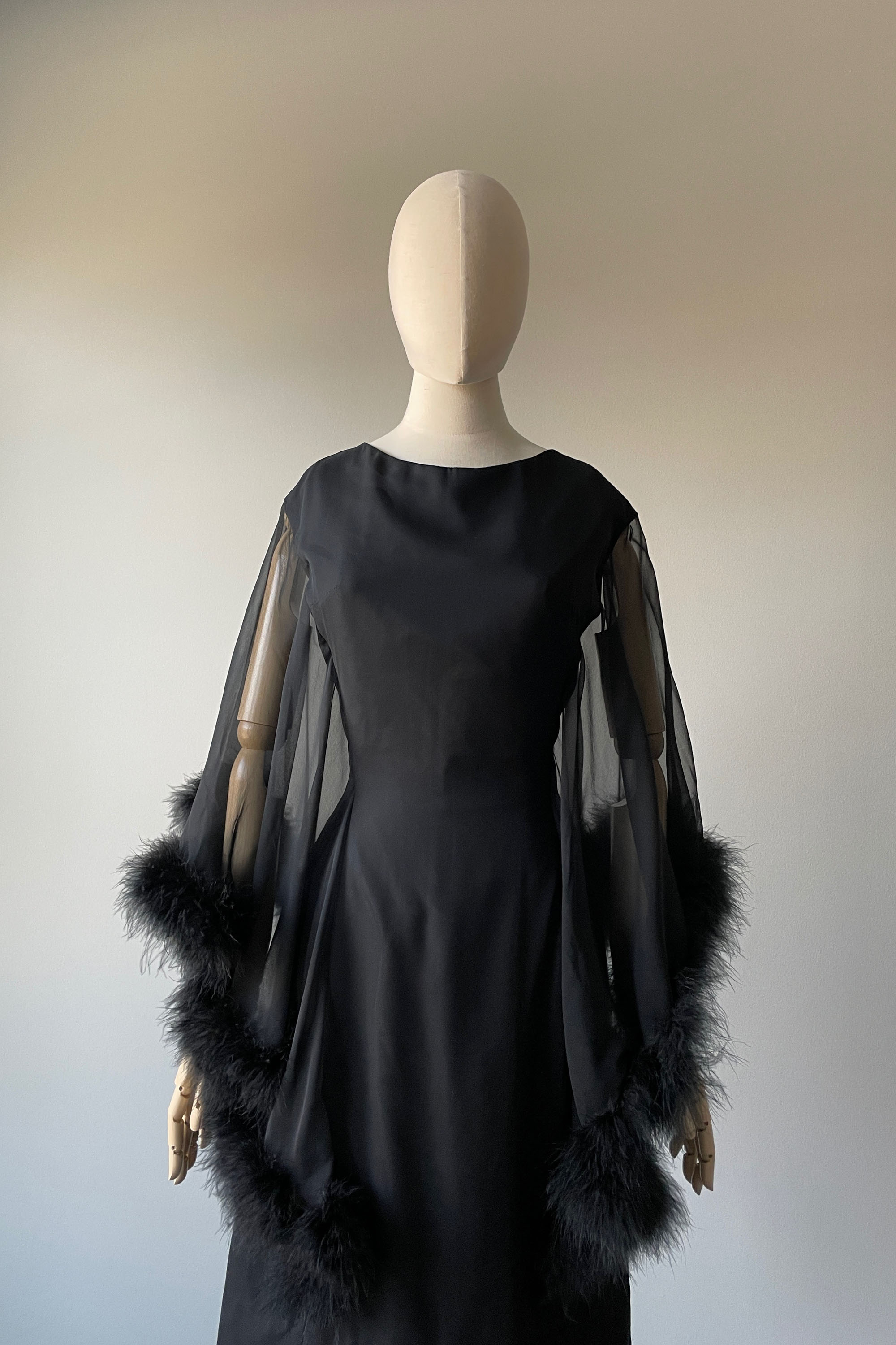1960s Black Caped Sleeve Feather Trim Dress | LARGE Mill Street Vintage 1960s Black Caped Sleeve Feather Trim Dress | LARGE Mill Street Vintage